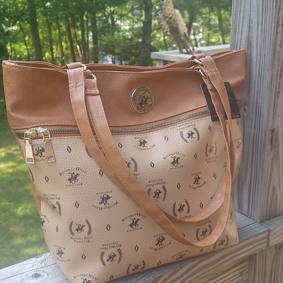 Beverly Hills Polo Club Tan Signature Monogram Faux Leather Tote Bag - Picture 7 of 14